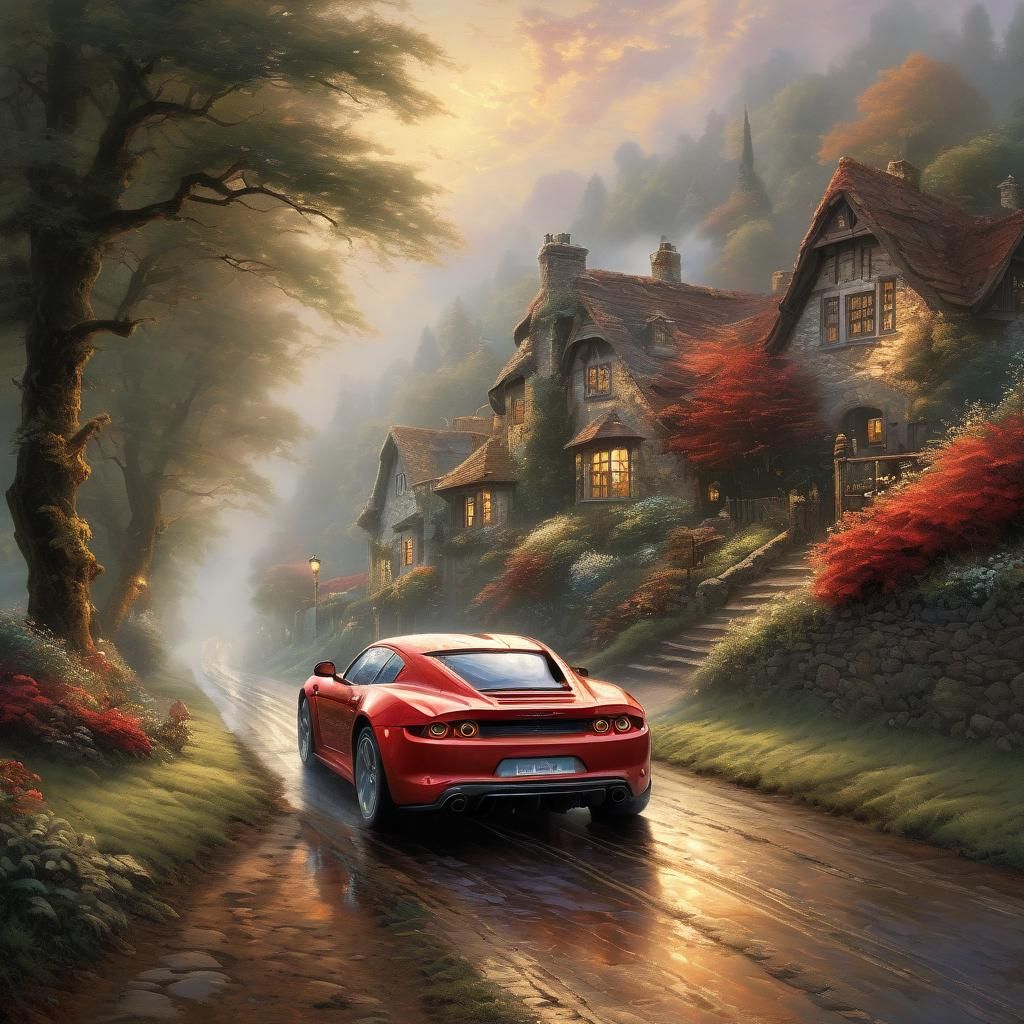 Red Sports Car on Country Road: Fantasy Art