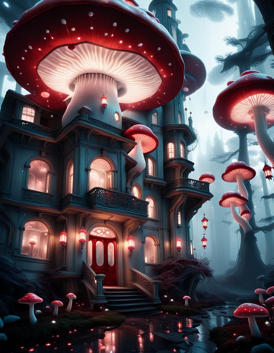 Bioluminescent Mushroom Mansion in Mystical Forest