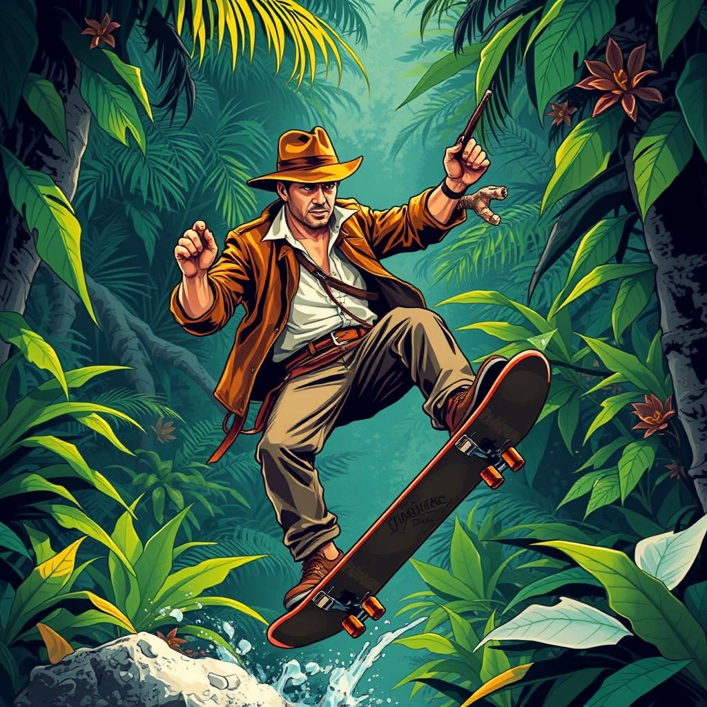 Indiana Jones Skateboard Adventure in Jungle Art