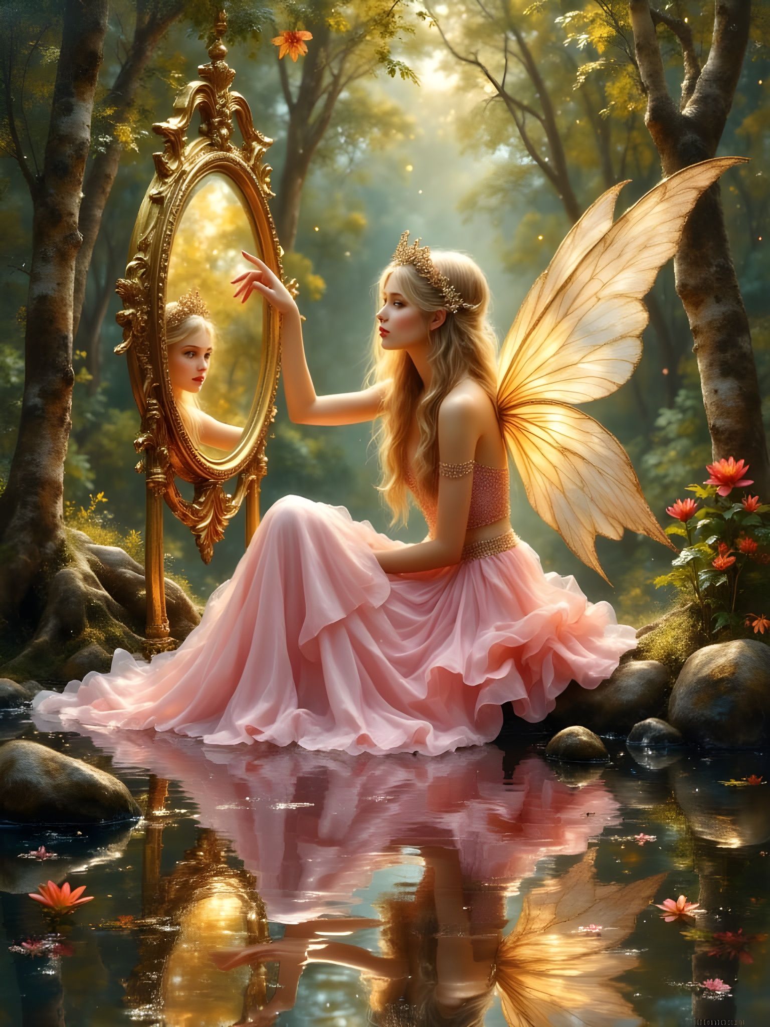 Ethereal Fairy in Whimsical Forest Setting with Golden Wings...