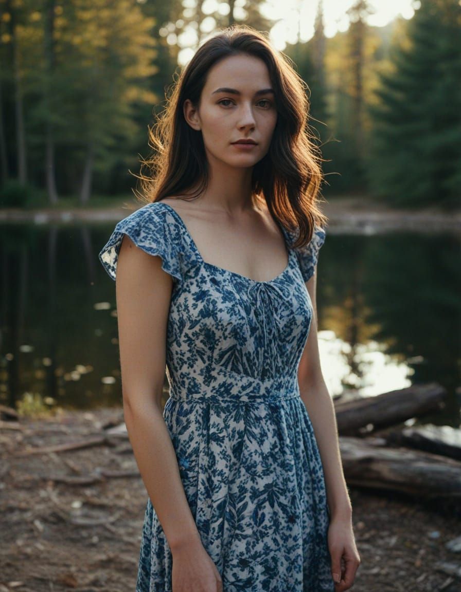 Cinematic Film Still of Woman at Camp Lake