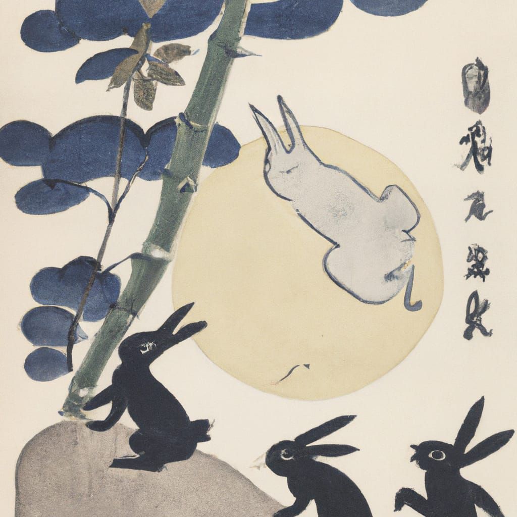 Rabbit and Raven Making Mochi, Ukiyo-e Style