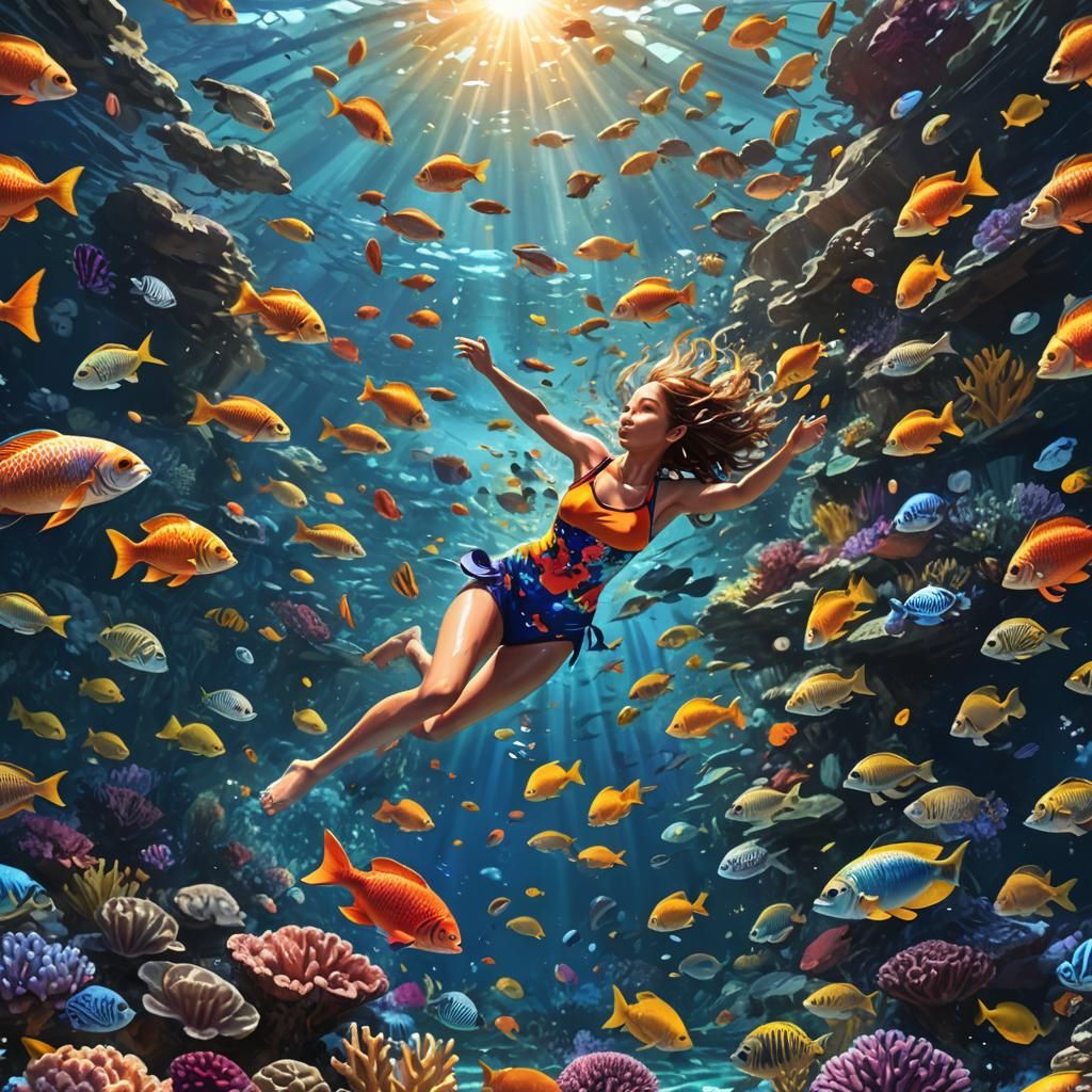 Girl Swimming in Vibrant Coral Reef: Splash Art