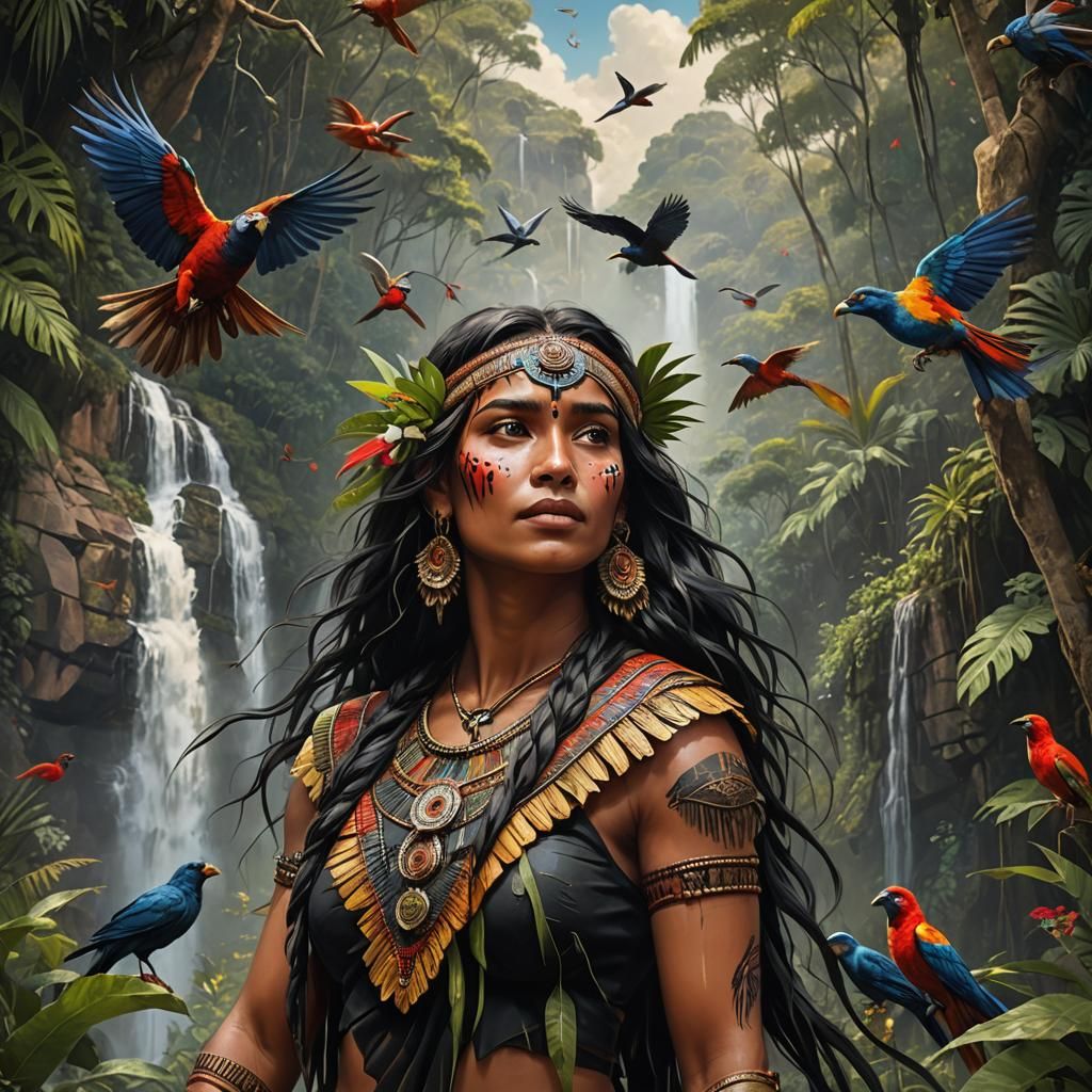 Amazonian Woman Bathing Under Waterfall: Hyperrealistic Conc...