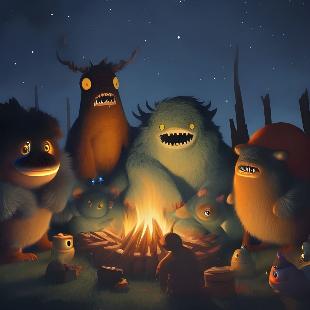 Fluffy Monsters Gather Around Campfire at Night