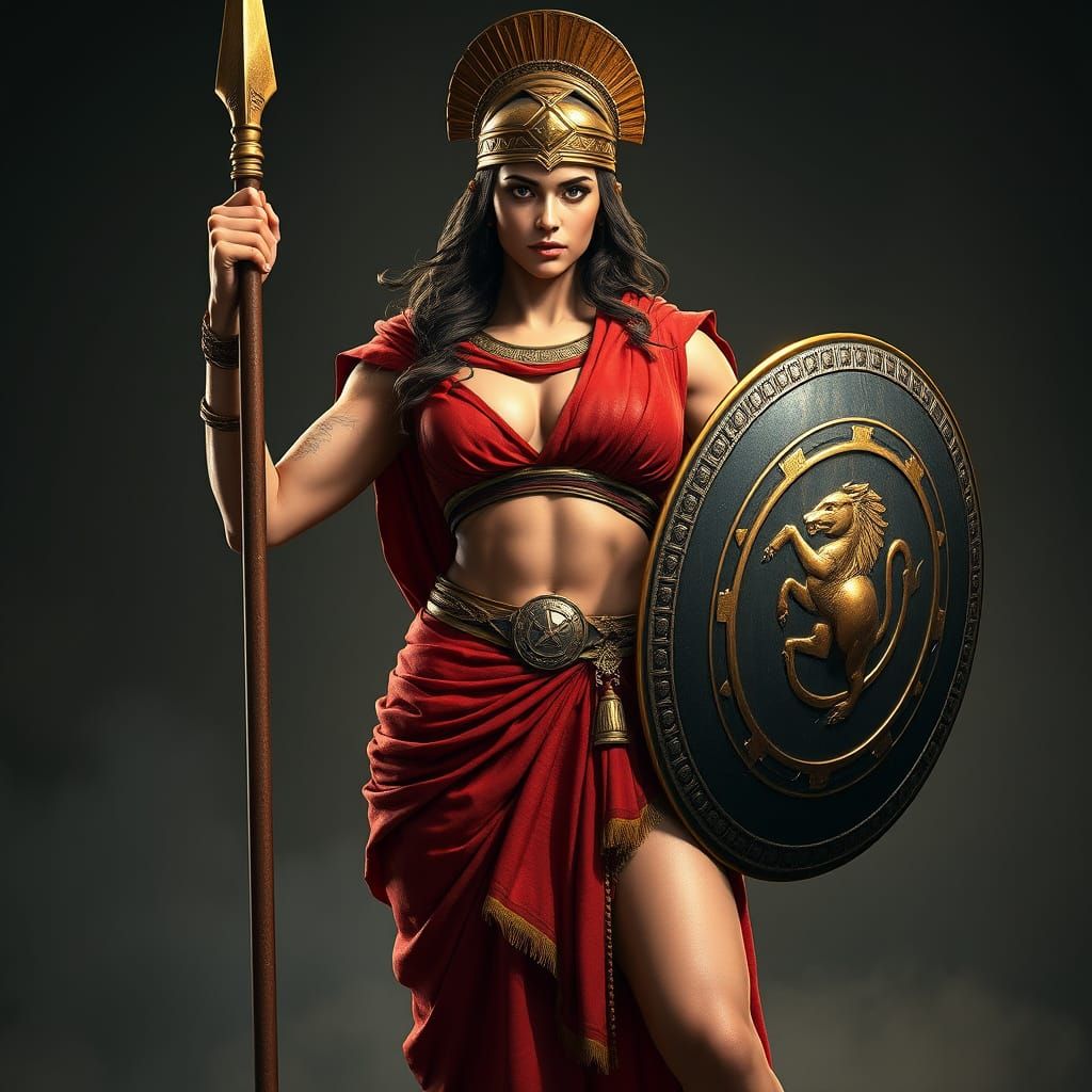 Epic Ancient Greek Warrior Goddess in Golden Armor and Regal...