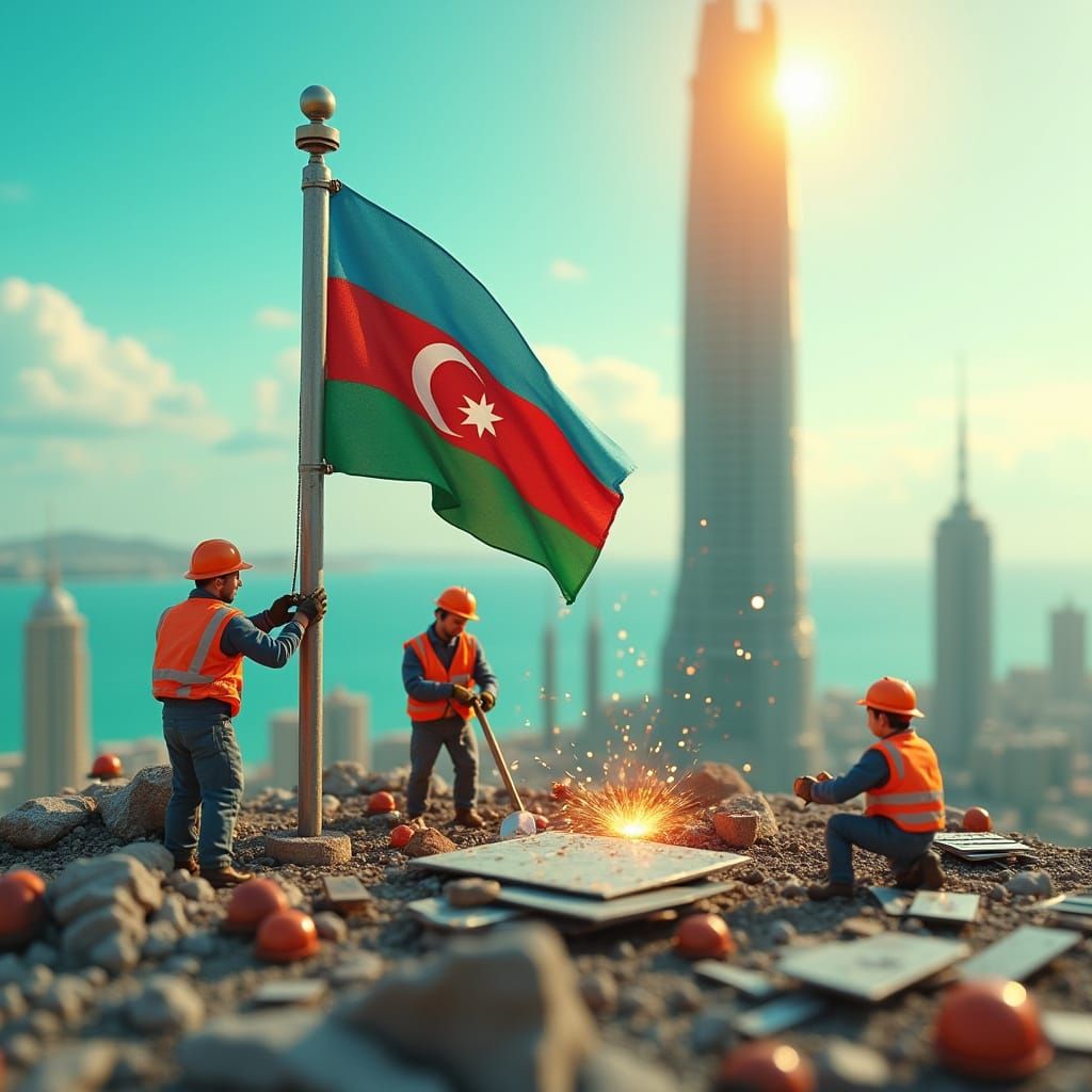 Miniature Construction Workers Repair Azerbaijan's Flagpole ...