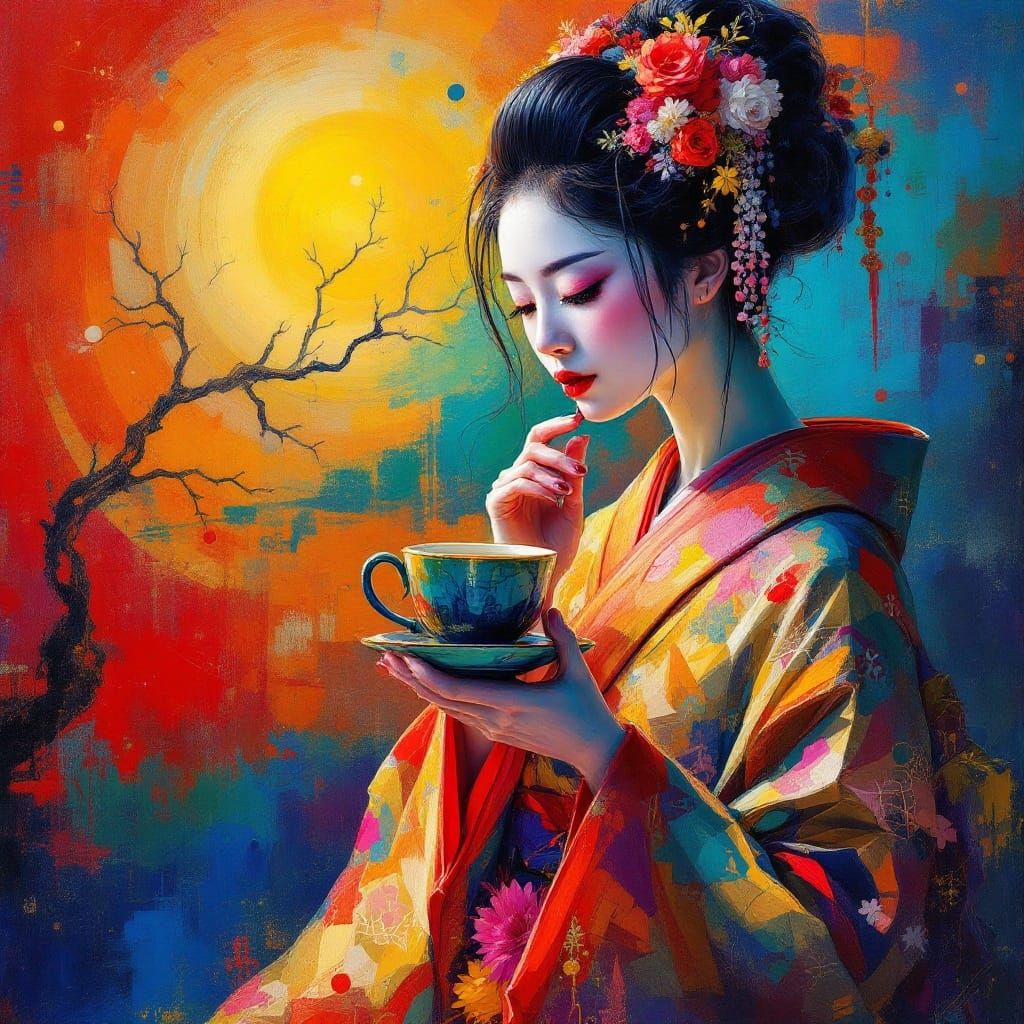 Geisha amidst Neo-Impressionist Sunrise Elegance