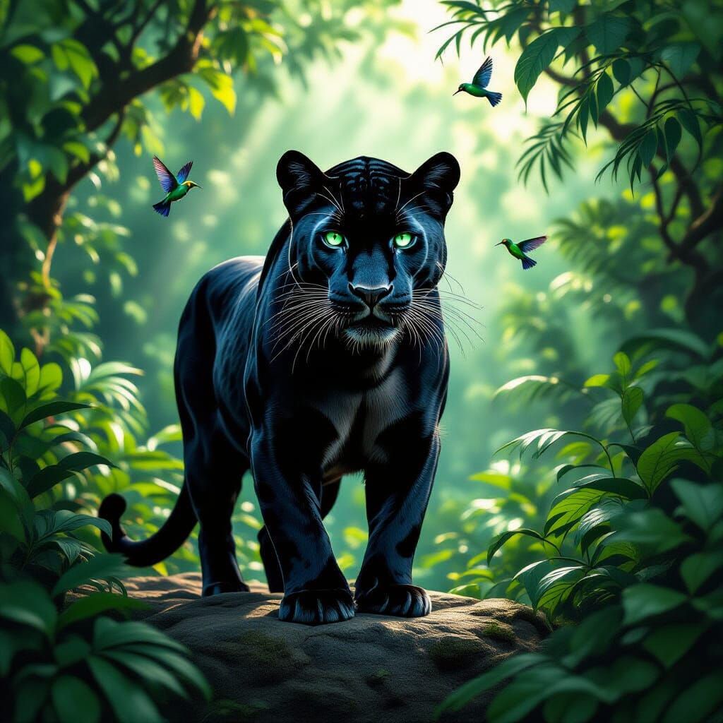 Black Panther in Rainforest, Photorealistic Style