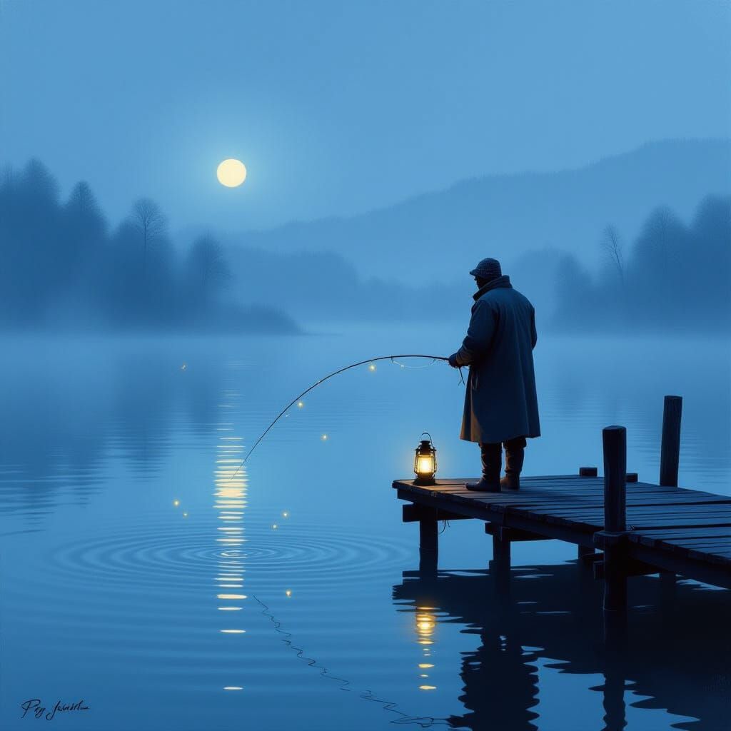 Mysterious Dawn Fishing Scene with Ethereal Mist
