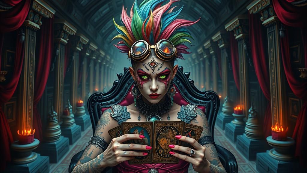 Punk Warrior Queen in Escher Labyrinth, Digital Art