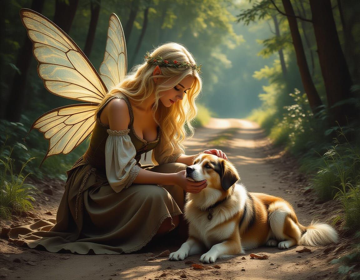 Fairy Tending to Dog as Tenebrism Oil Painting