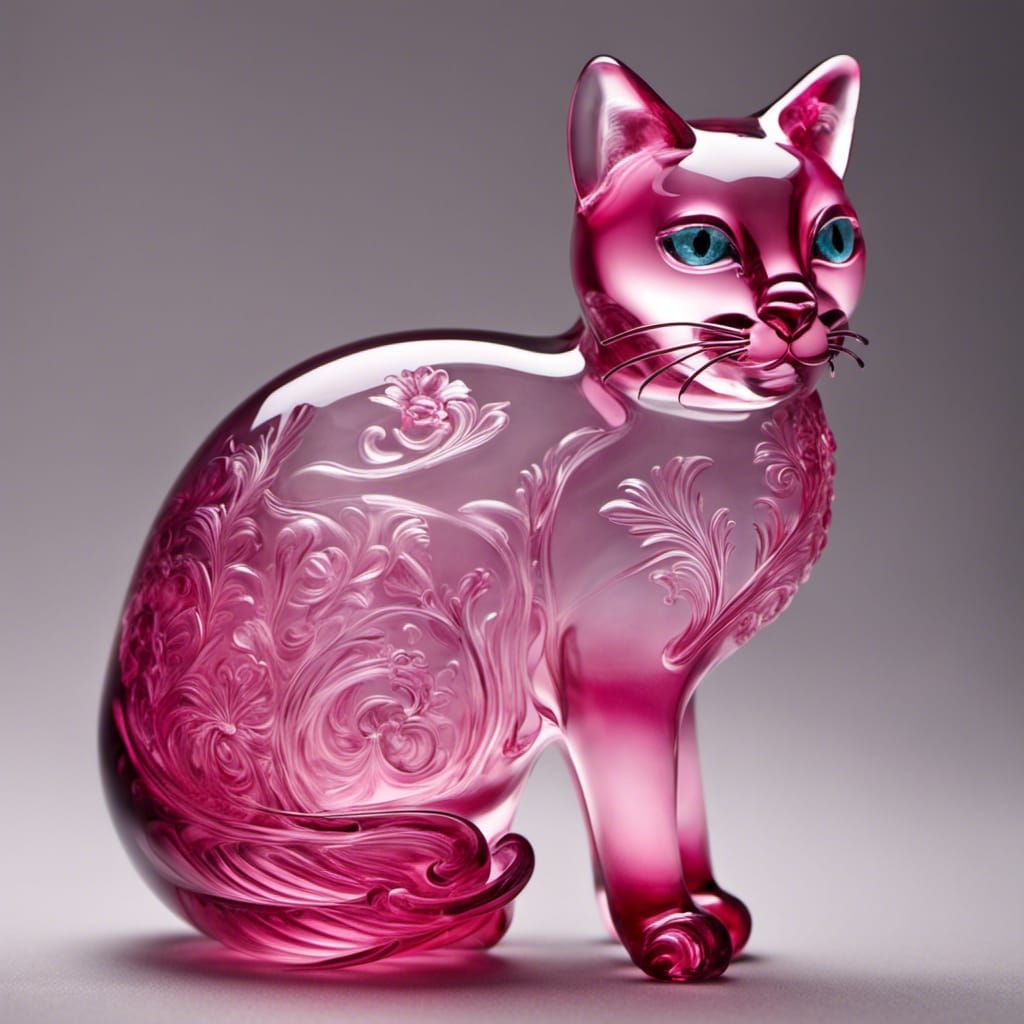 Intricately Detailed Pink Blown Glass Cat