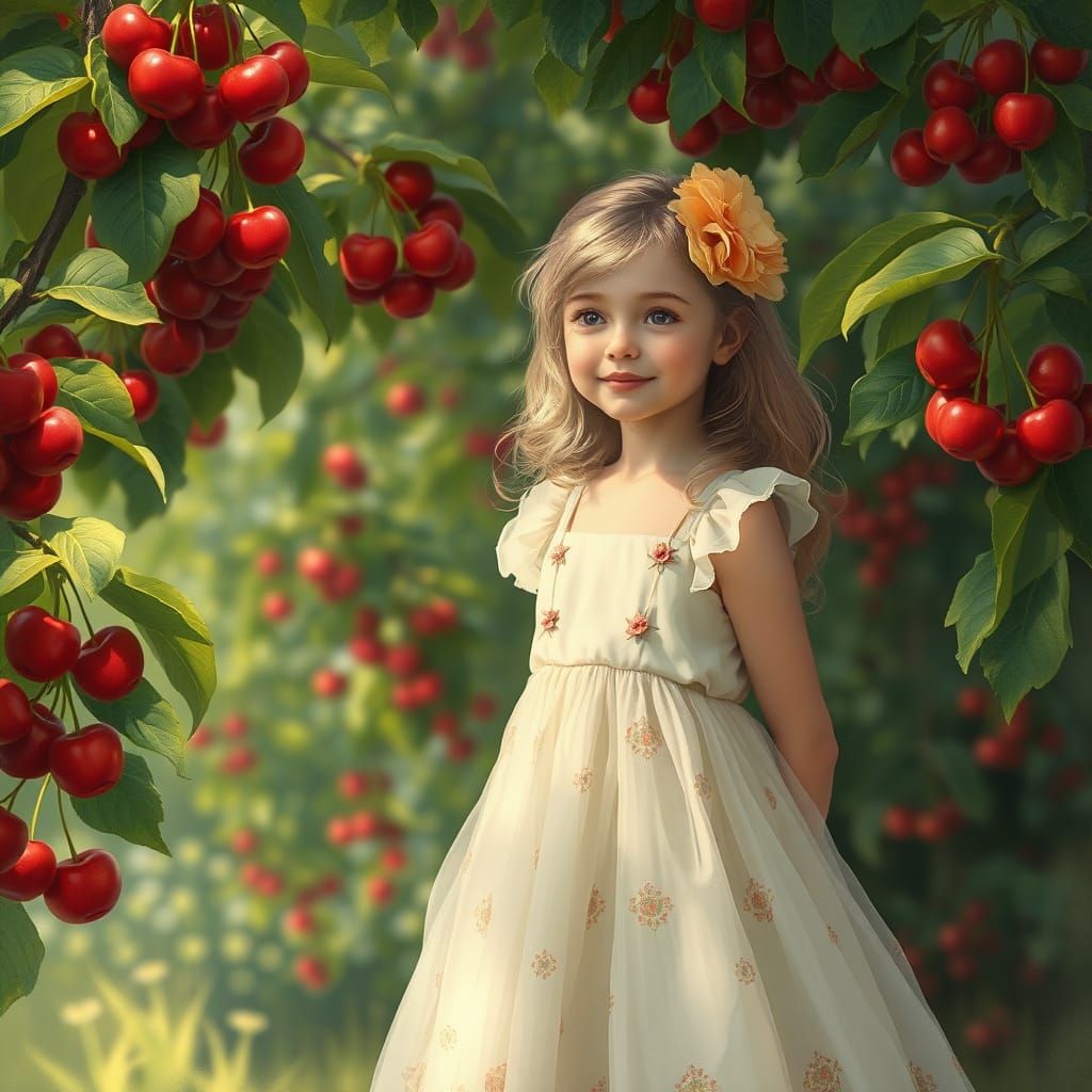 Girl in Cherry Orchard: Art Nouveau Dreamscape