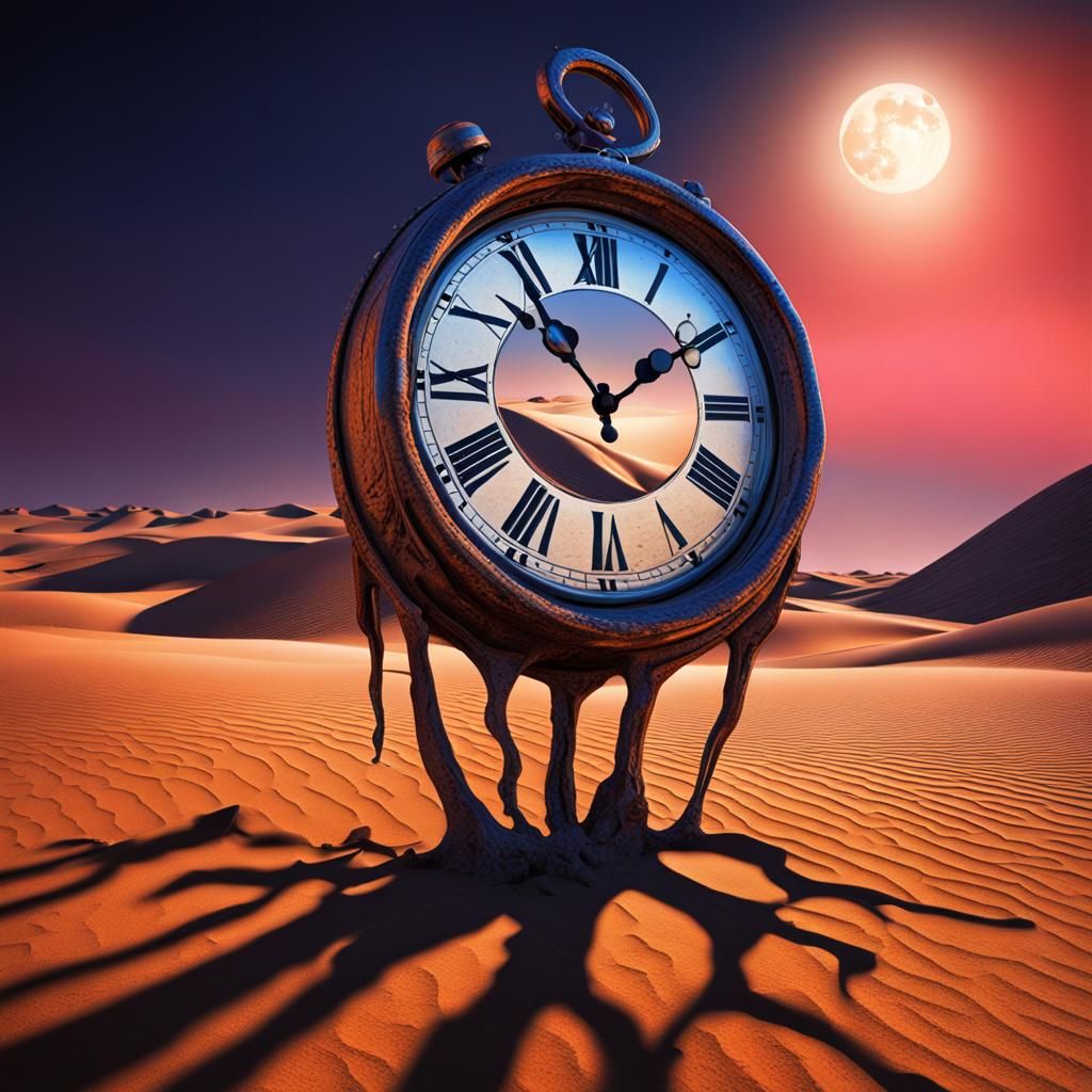 Surreal Melting Clock in Desert Landscape