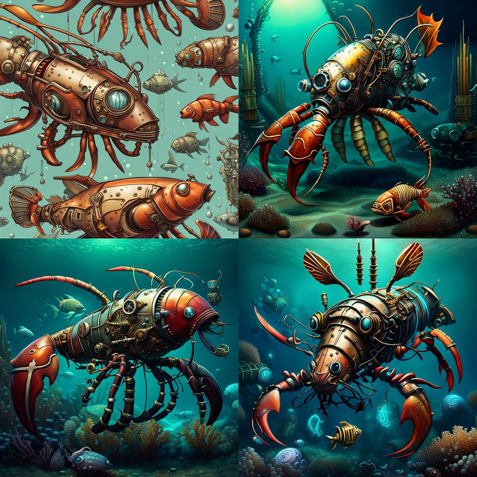 Steampunk Cyborg Lobster and Fish
