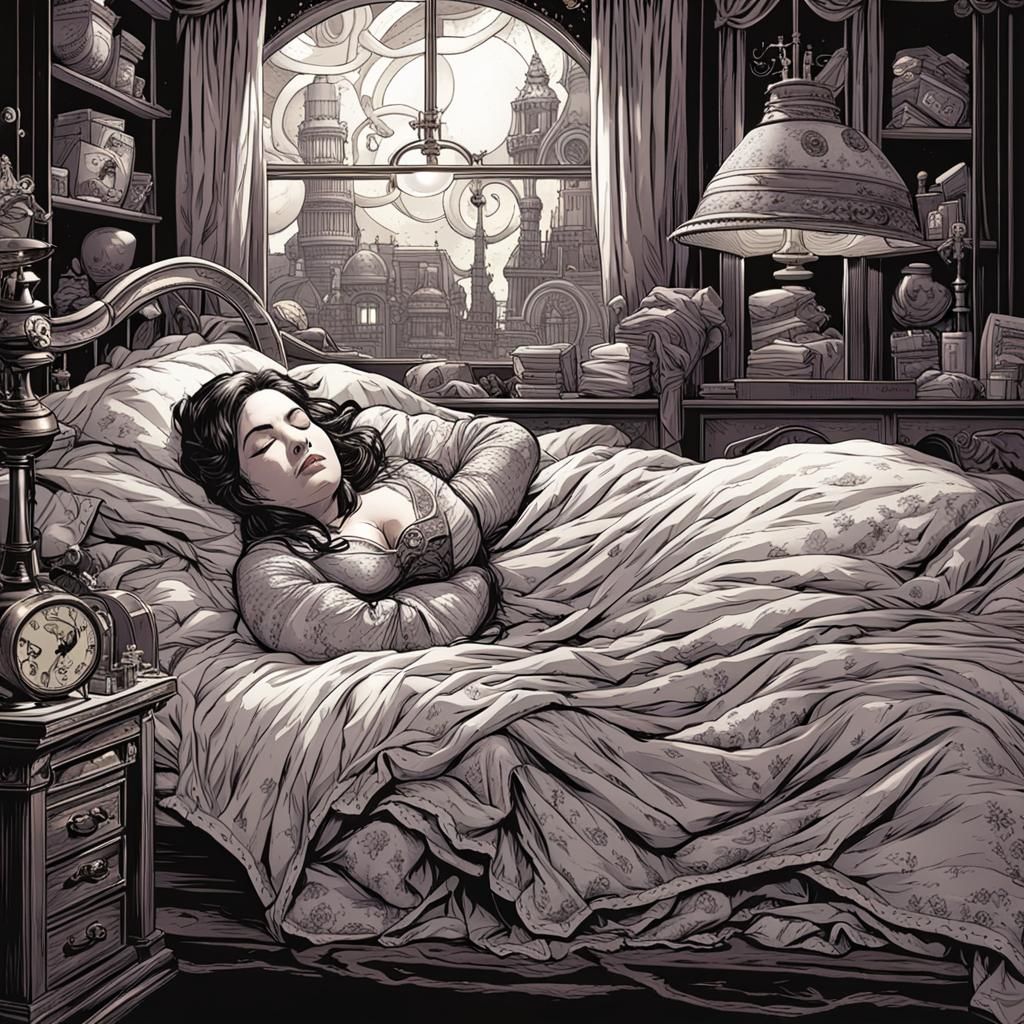 Sleeping Woman in Steampunk Comic Art Style