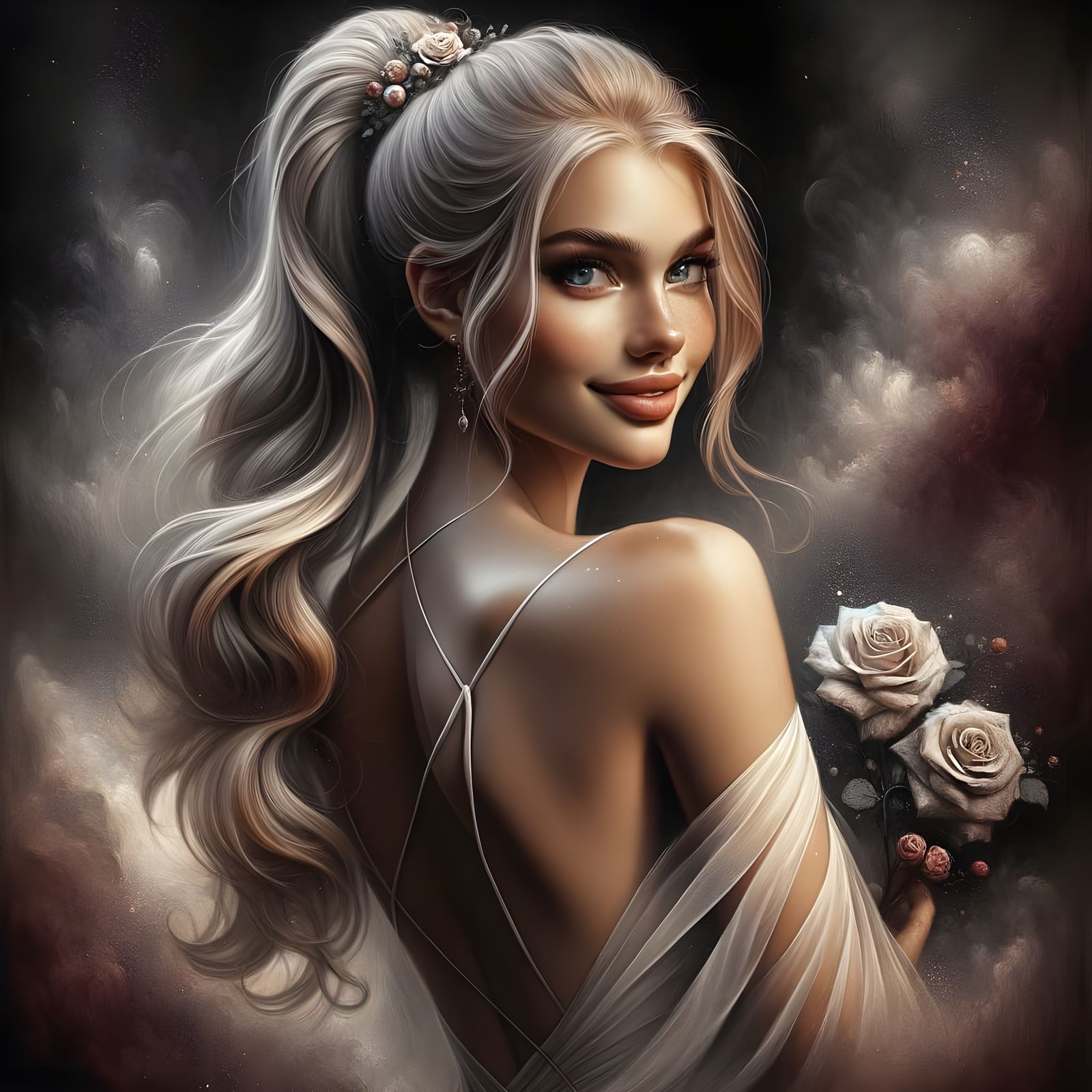 Norse Goddess in Elegant White Gown with Roses