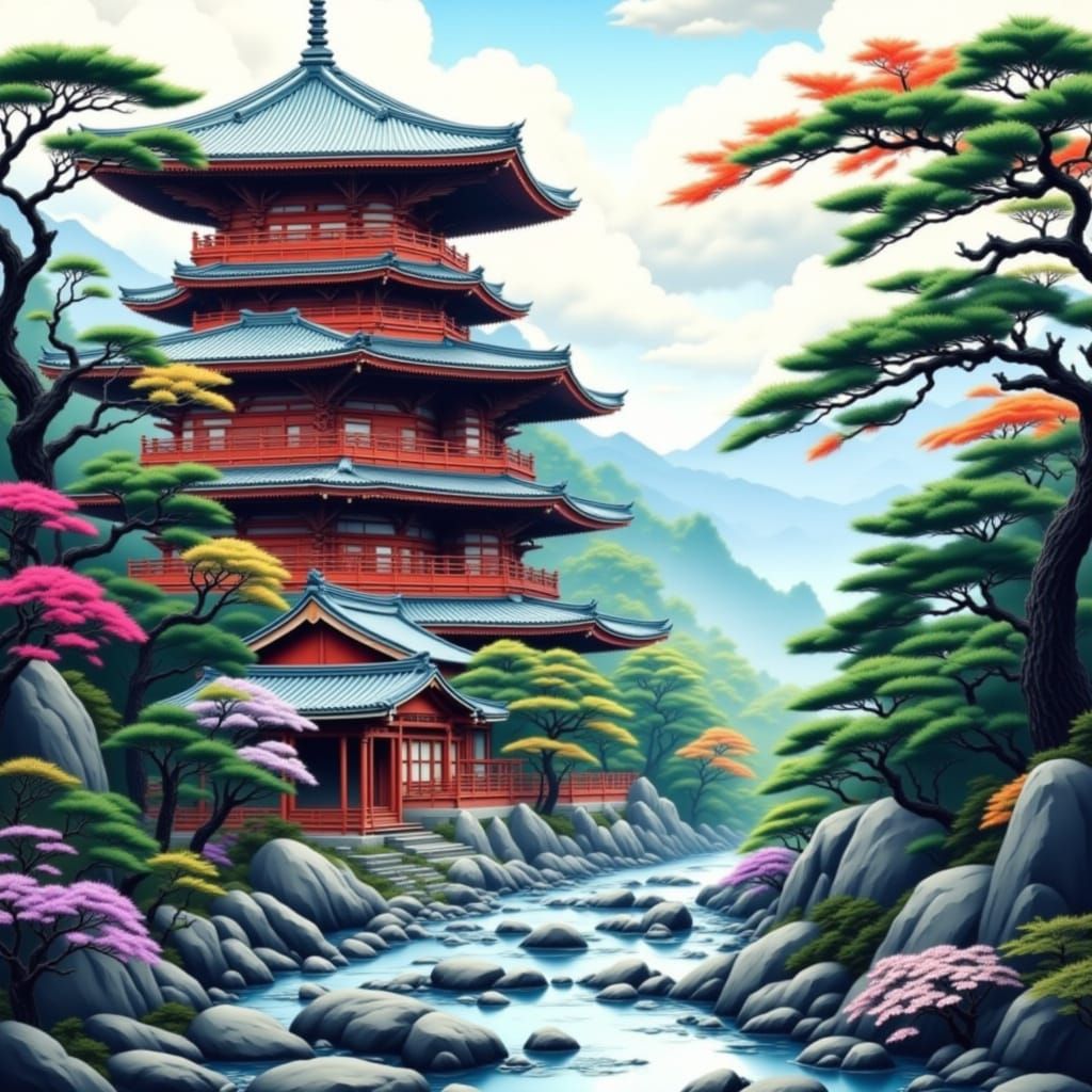 Ancient Japanese Pagoda in Serene Landscape