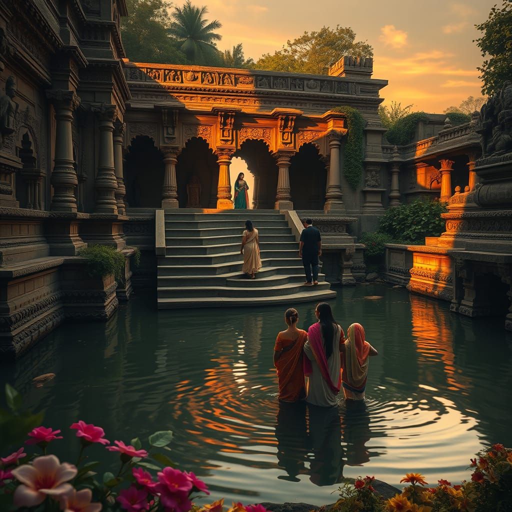 Golden Stepwell at Dusk with Prince and Maidens
