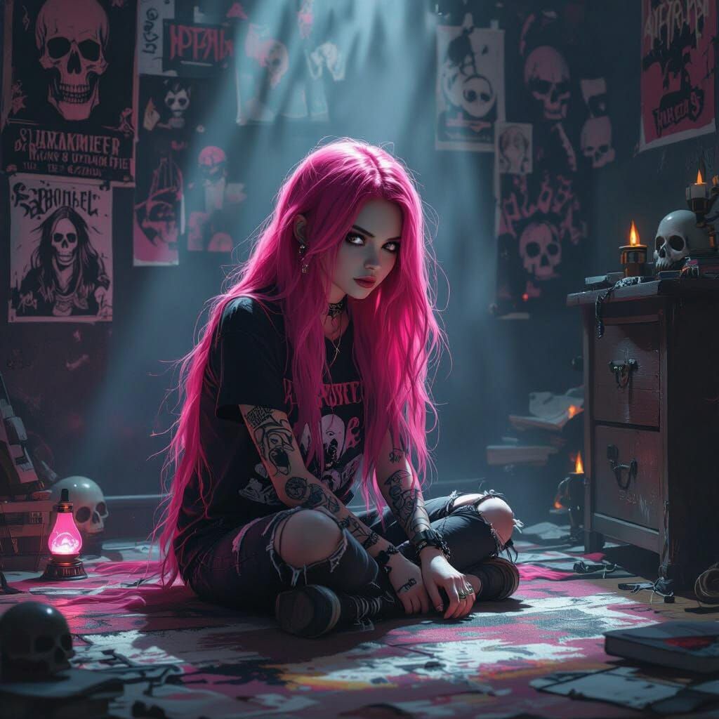 Gothic Emo Girl with Pink Hair in Moody Bedroom