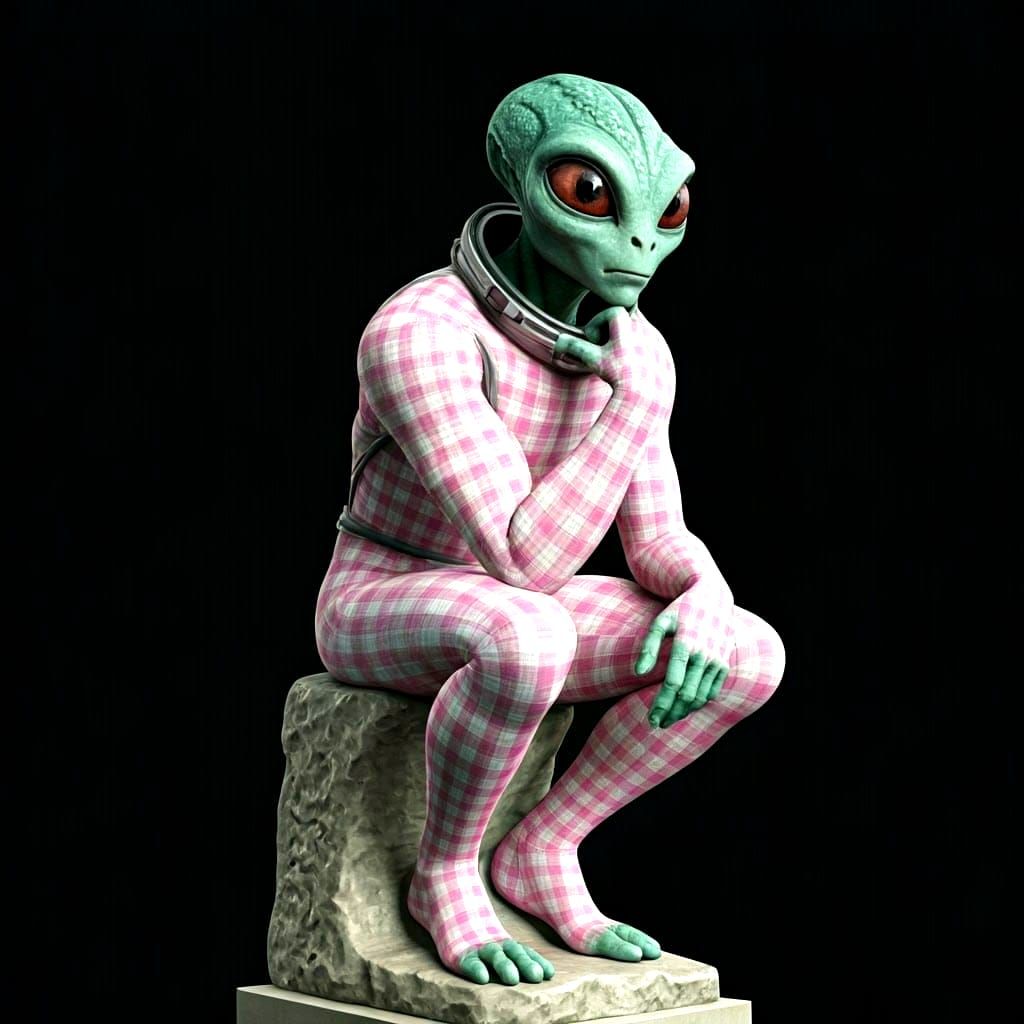 Alien in Rodin-Inspired Space Suit Contemplation