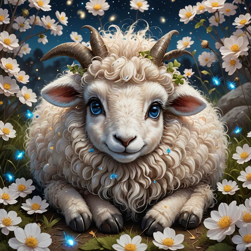 Adorable Sheep with Fireflies: 3D Anime Art