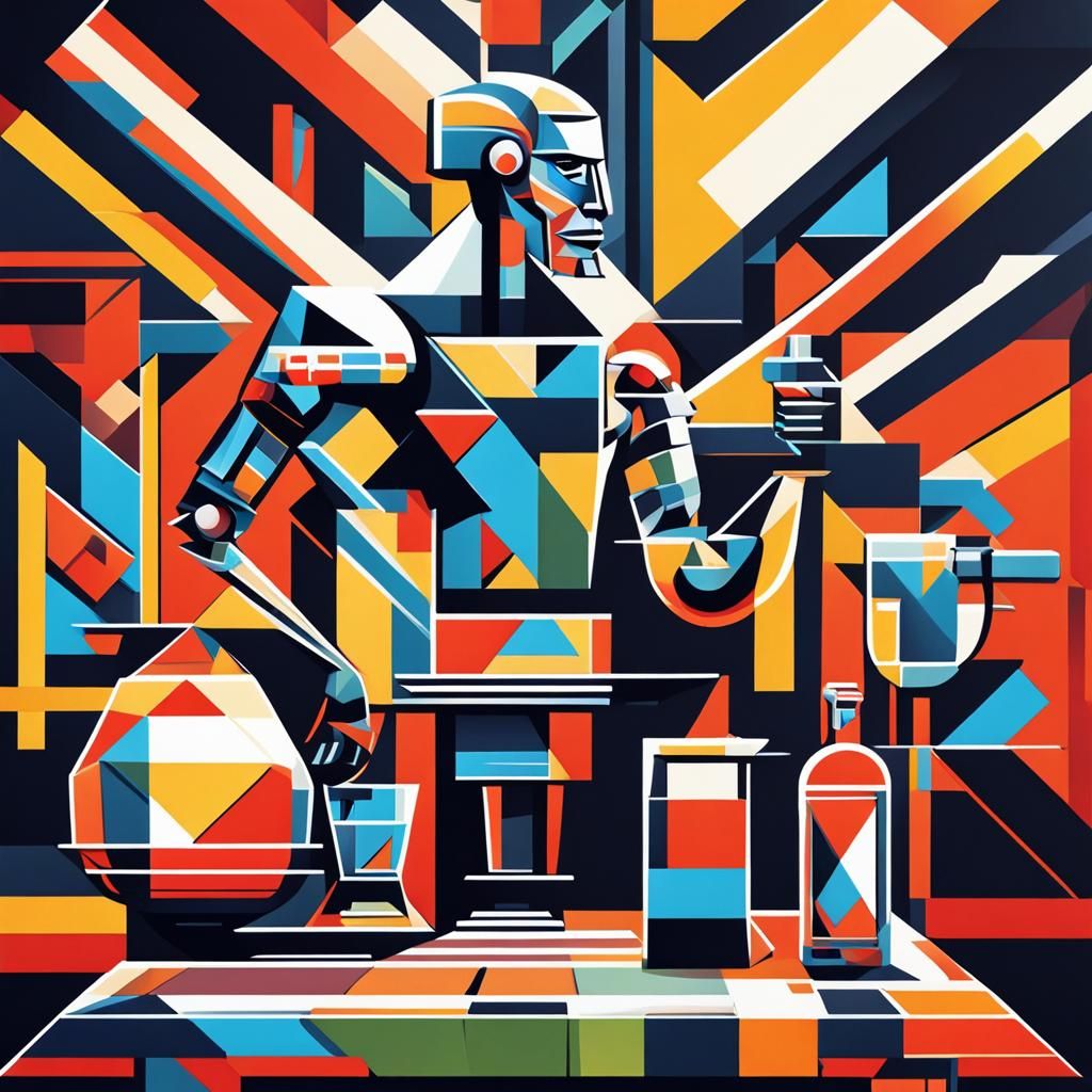 Cubist Plaid Cyborg Bartender in Geometric Art Deco Style