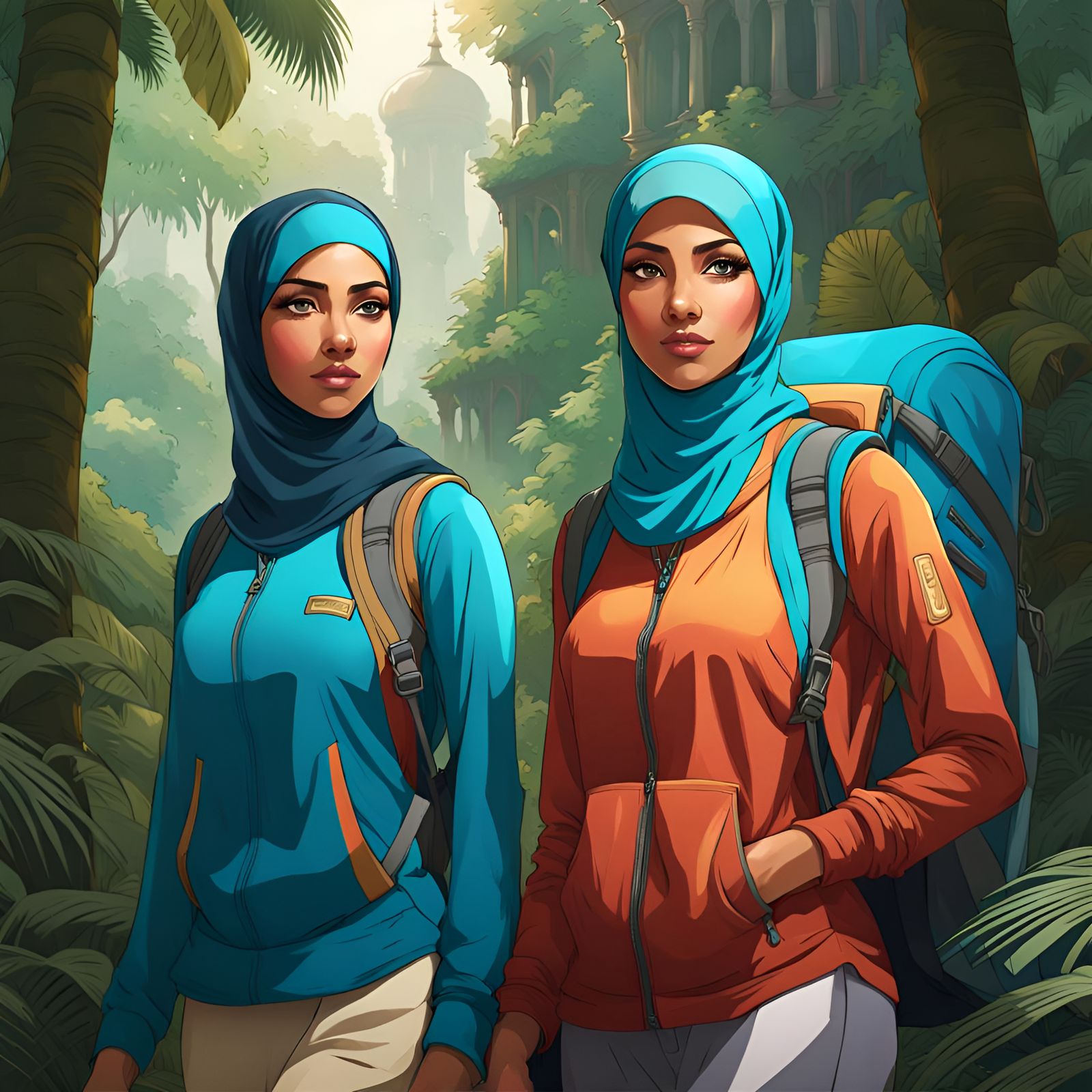 Hijabi Women Hiking Through Tropical Forest