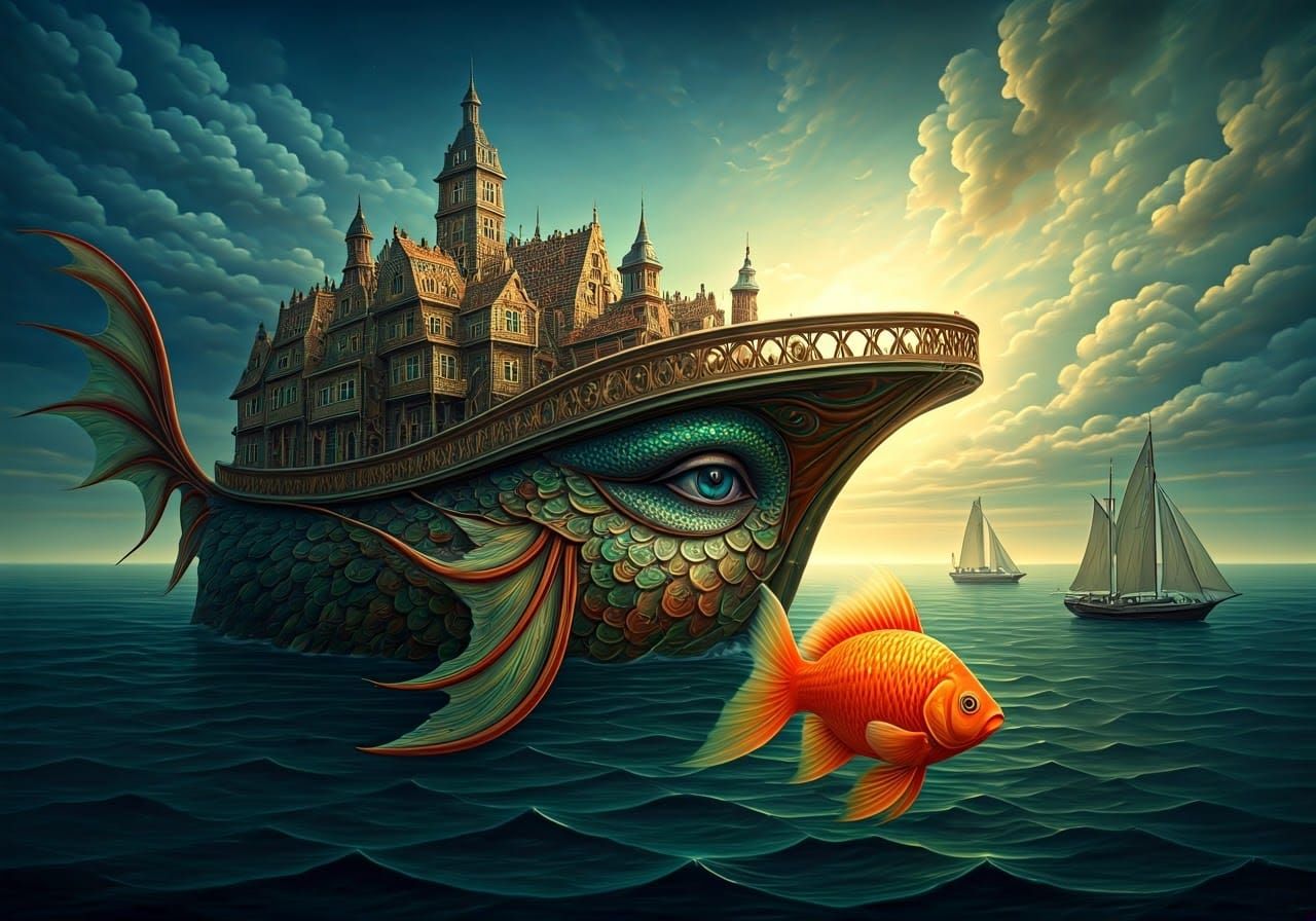 Surreal Fantasy Ship Carries Whimsical Village Amidst Swirli...