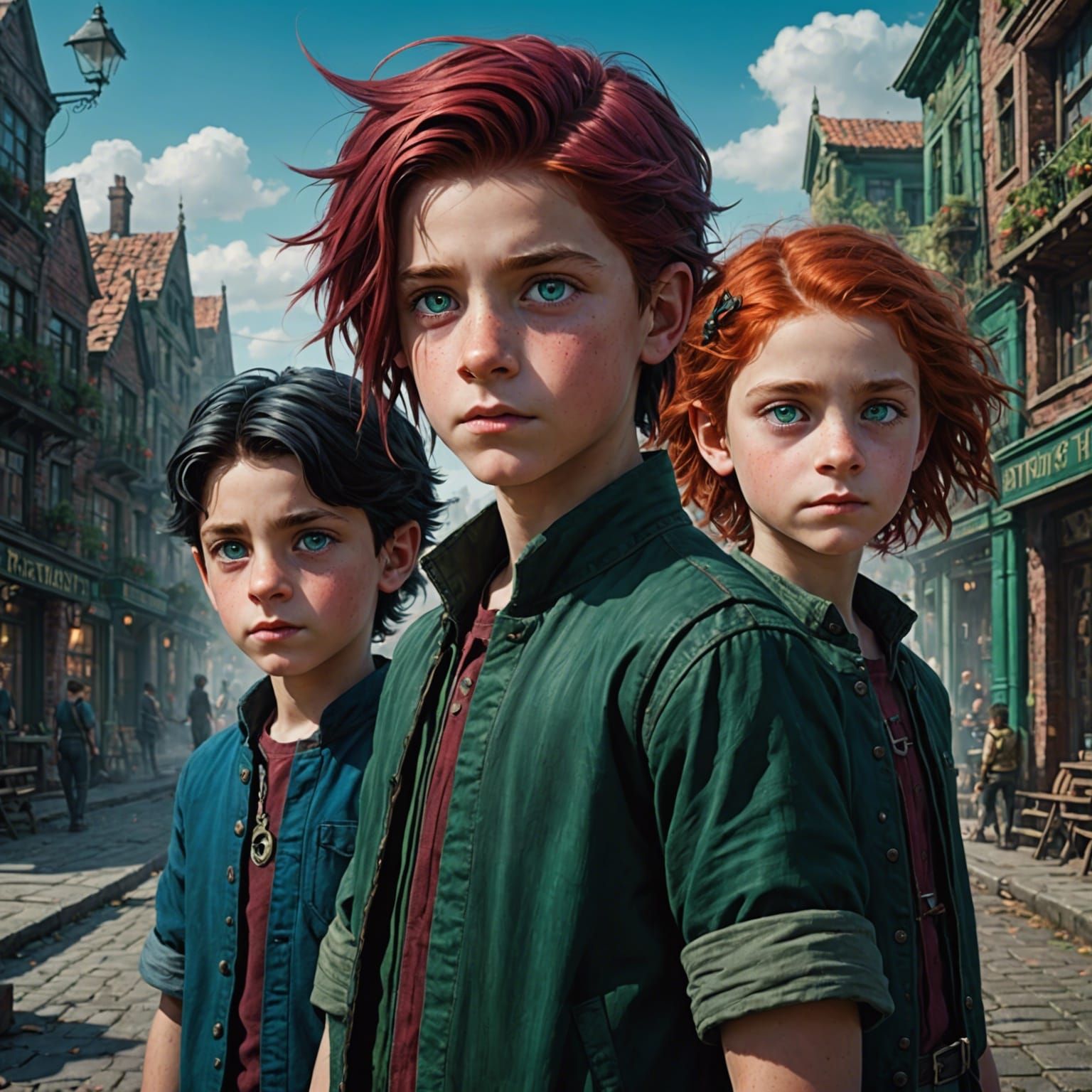 Crimson-Haired Girl with Two Boys: Fantasy Art