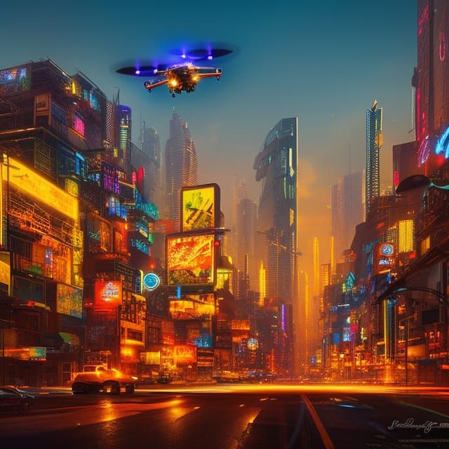 Cyberpunk Police Drone Patrolling City Streets
