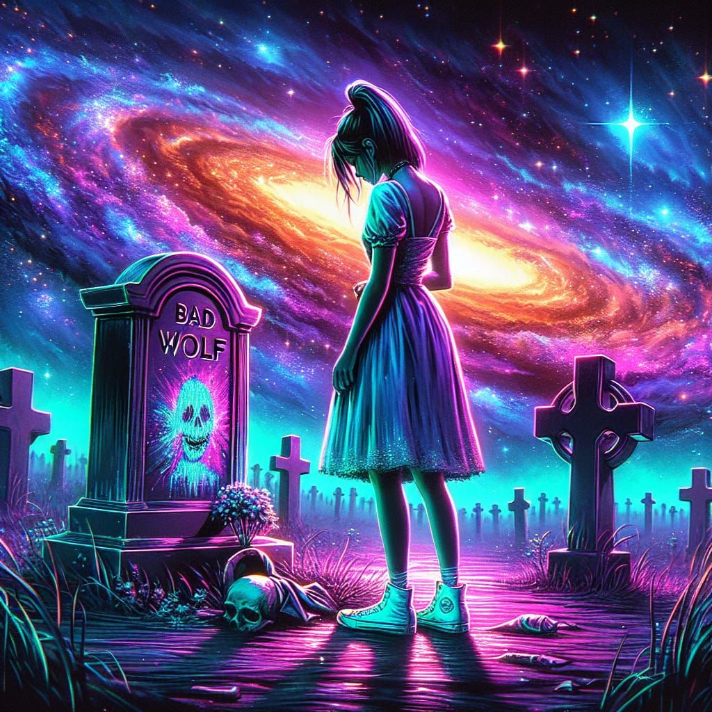 Grieving Woman by 'Bad Wolf' Grave in Space