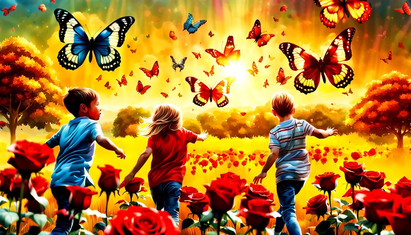 Children Play in Sunny Rose Field: Hyperrealistic 8K Art