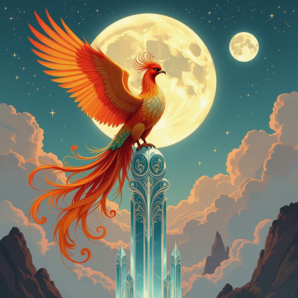 Art Nouveau Phoenix on Alien Planet with Twin Moons