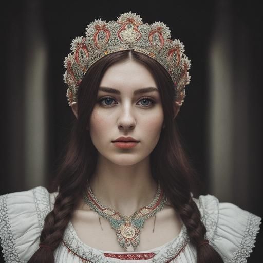 Young Woman in Traditional Slavic Clothing, Hyperrealistic P...