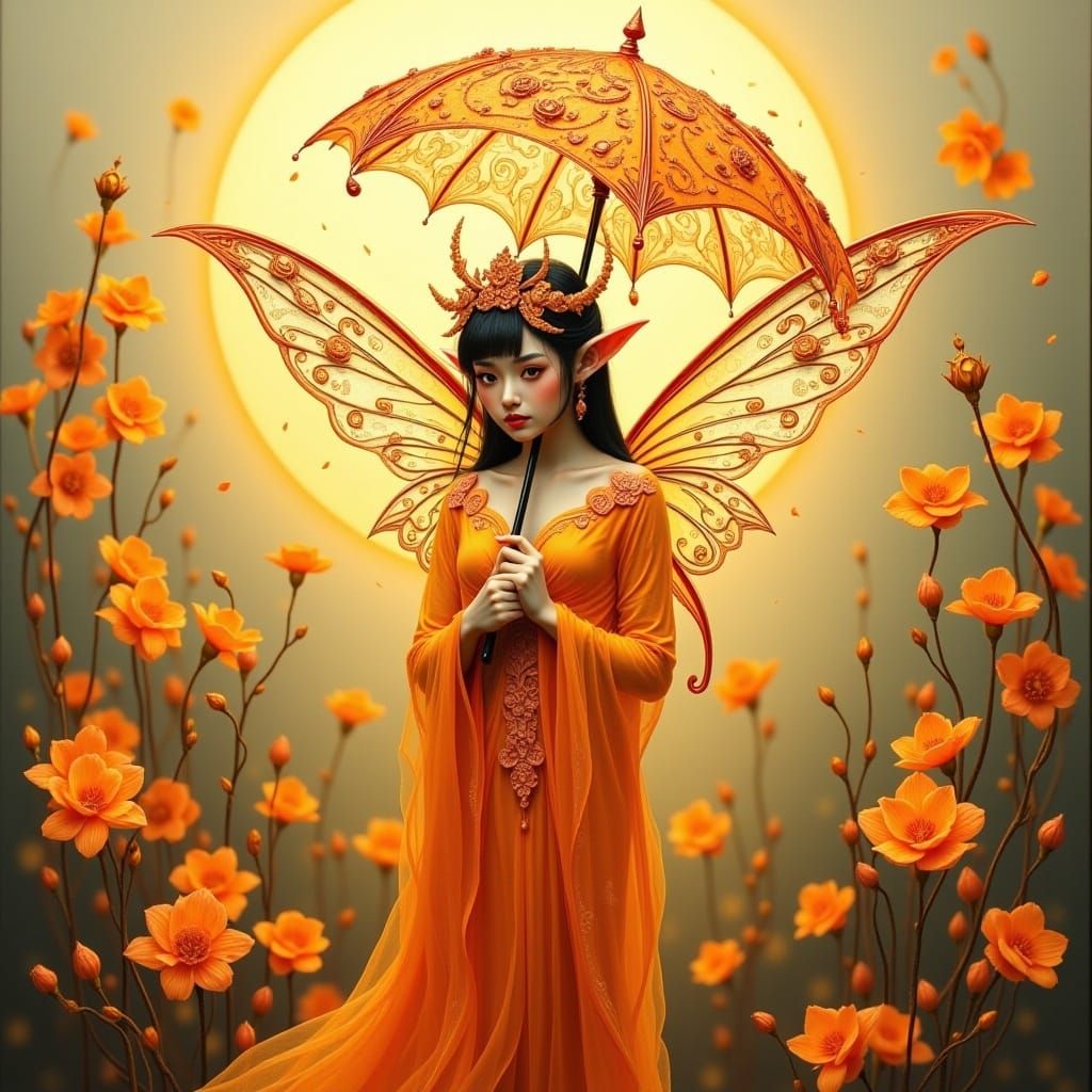 Orange Fairy with Jeweled Umbrella in Matte Painting Style