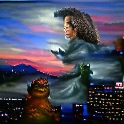 Godzilla Battles Oprah at Twilight: Oil Painting