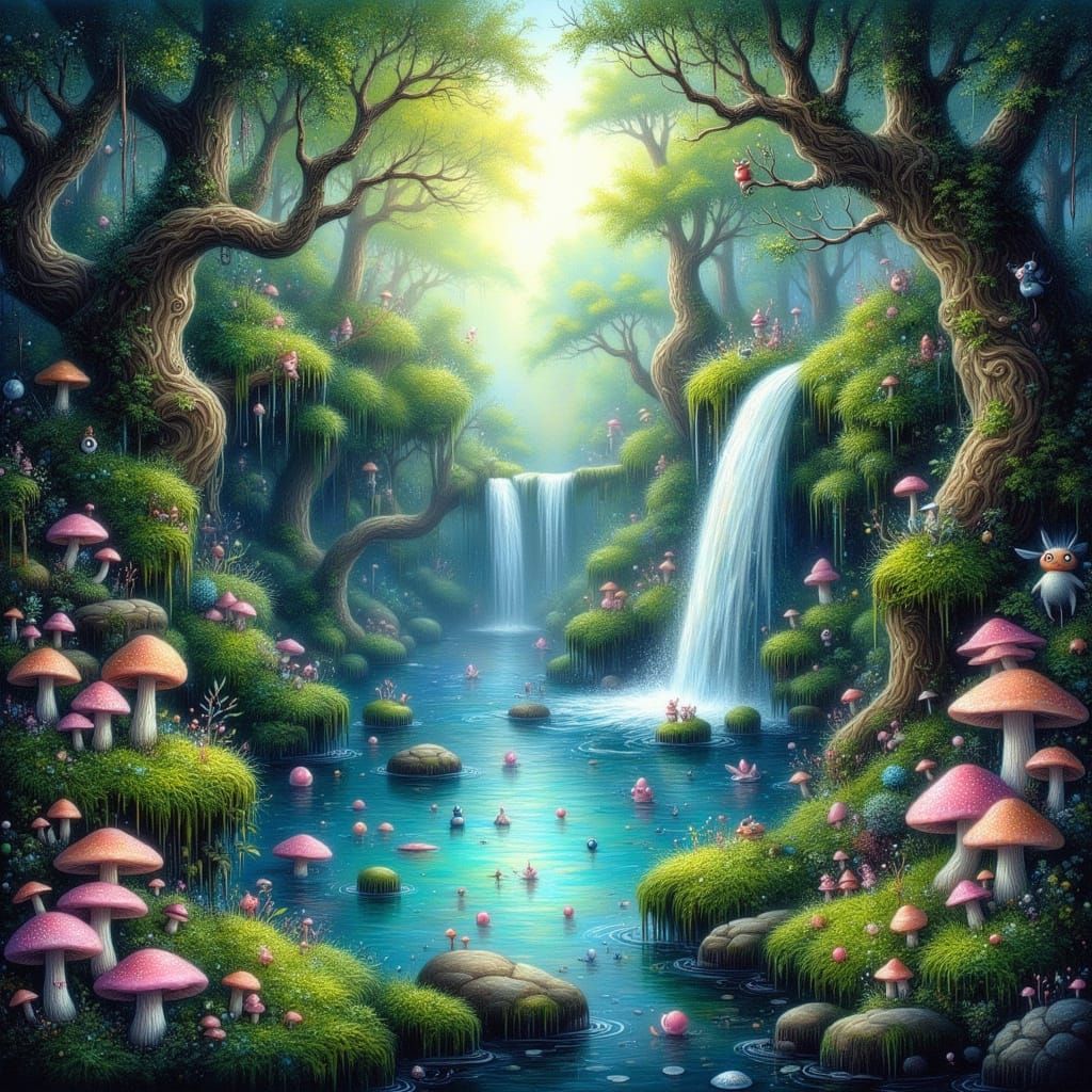 Enchanting Forest Clearing with Waterfall in Storybook Style