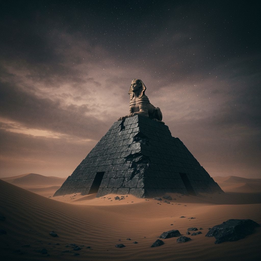 Ancient Sphinx on Obsidian Pyramid in Twilight Desert