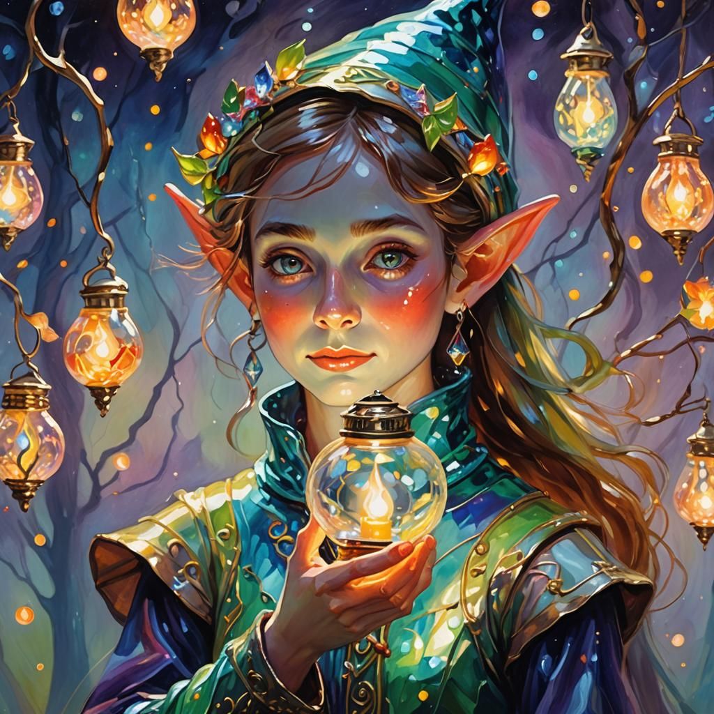 Enamel Elf Holding a Glowing Lantern in Fauvist Style