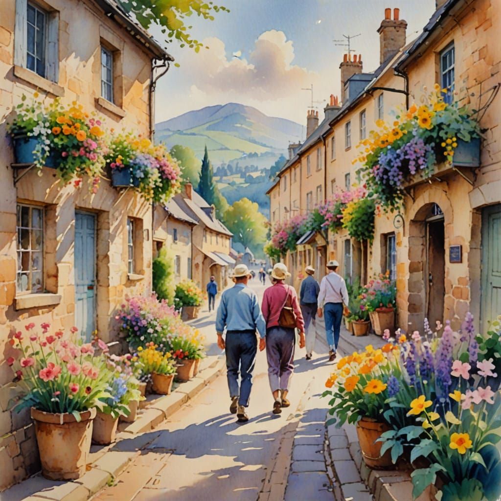 French countryside scene watercolour street sketch