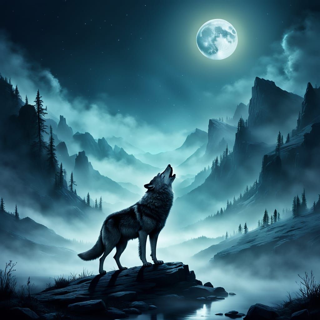 Dramatic Wolf Howling at Moon in Fantasy Landscape