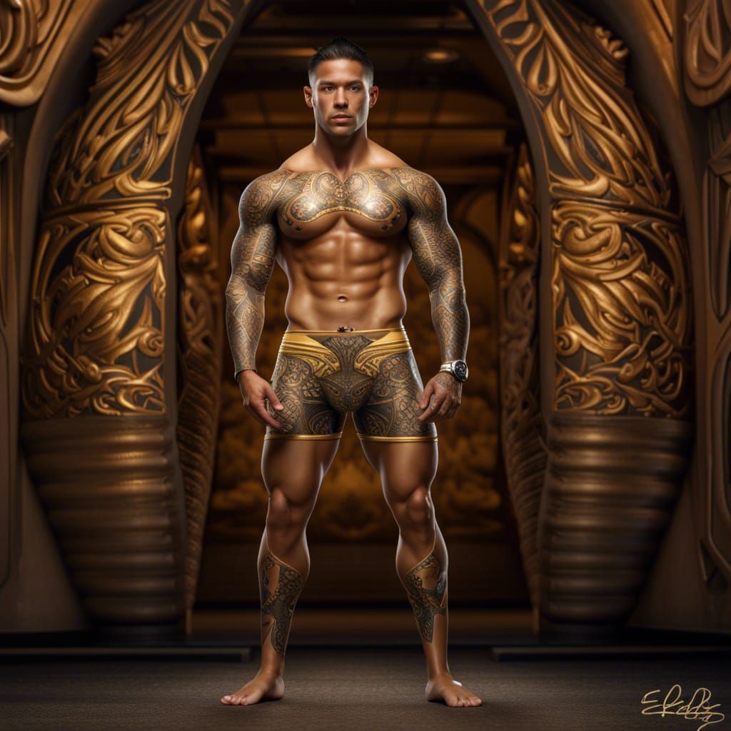 Shirtless Jock in Gold Bikini on El Nido Beach