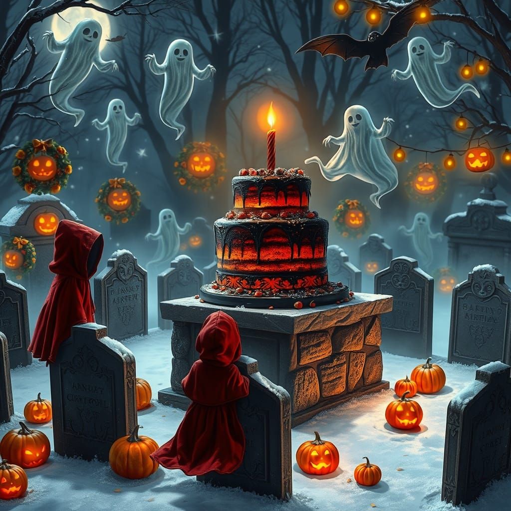Spooky Birthday Celebration In Snowy Graveyard At Midnight