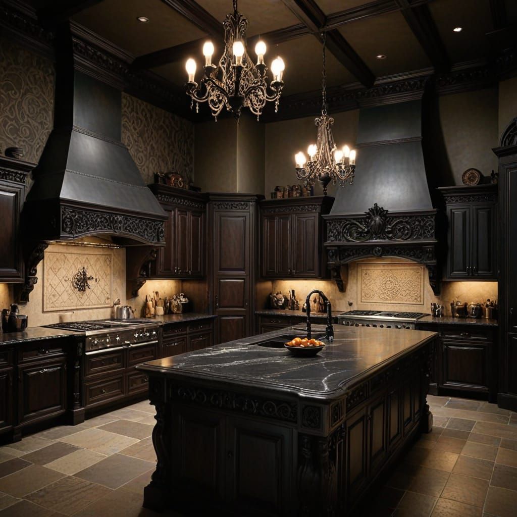 Modern Gothic Kitchen with Intricate Wood Details