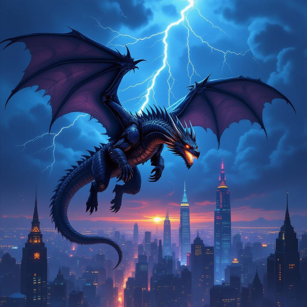Cyberpunk Dragon Soaring Over a Neon City in Dark Fantasy St...