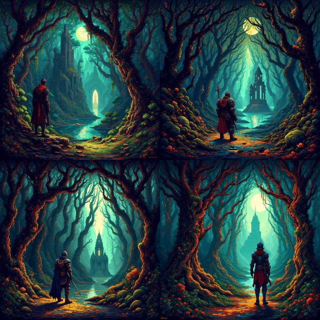 Pixel Art Knight at Forest Edge in Eerie Moonlight