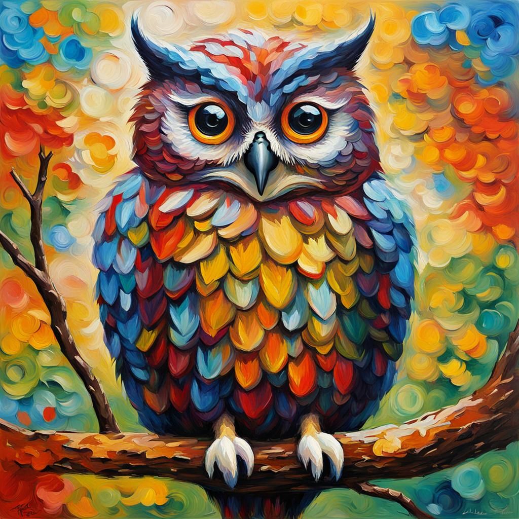 Colorful Owl in Expressionist Neo-Impressionism Style