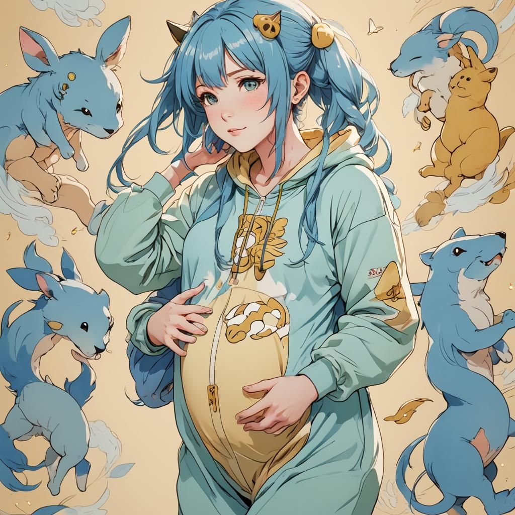 Anime Pregnant Woman in Animal Onesie
